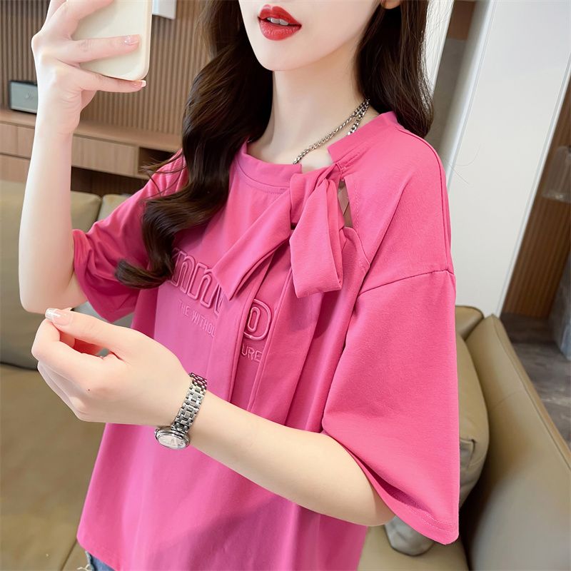 设计感短袖t恤女夏装新款宽松大码洋气初中高中学生蝴蝶结上衣潮