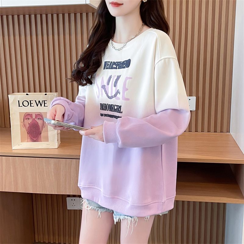 网红春装薄款卫衣女2025新款渐变色宽松大码长袖t恤小个子上衣潮