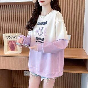 长袖 网红春装 渐变色宽松大码 卫衣女2025新款 t恤小个子上衣潮 薄款