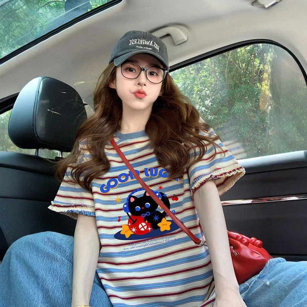 大码女装纯棉花边条纹短袖t恤女夏季新款宽松设计感显瘦遮肚上衣
