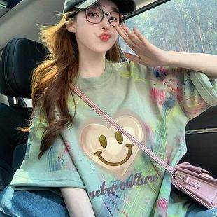 女装 t恤女2025新款 大码 复古涂鸦纯棉短袖 减龄设计感上衣 夏季 美式