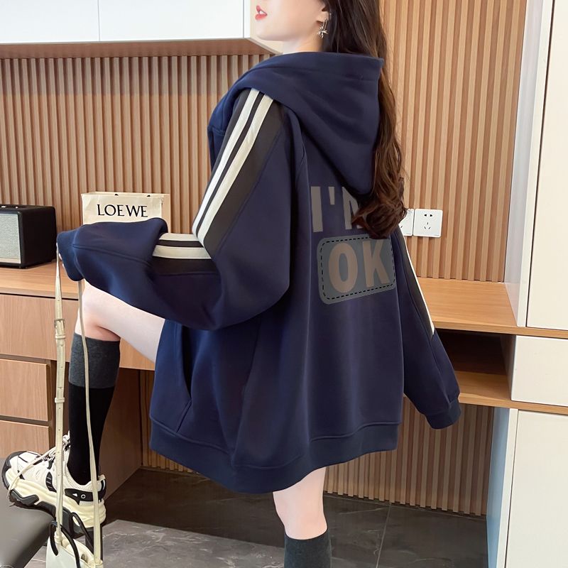 2025秋冬薄款连帽开衫外套女中长款宽松大码女装卫衣减龄显瘦上衣