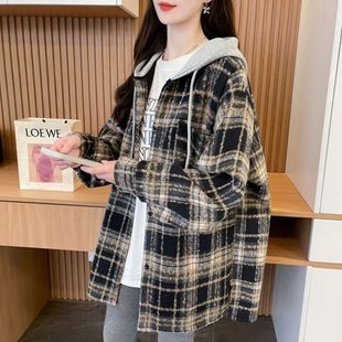 宽松中长款 复古格子衬衫 大码 韩版 休闲连帽衬衣外套上衣 女秋冬新款