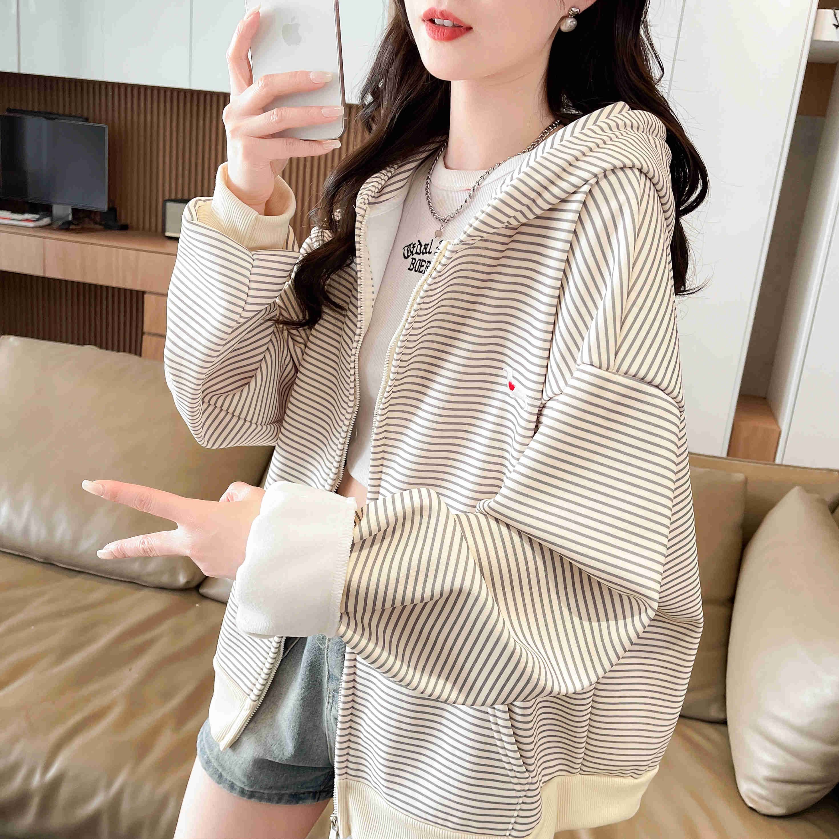 美式复古连帽刺绣条纹卫衣外套女秋冬2025新款宽松休闲百搭上衣潮