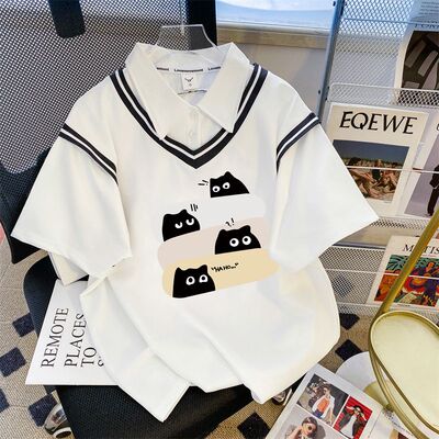 大码女装2025新款夏季宽松polo衫短袖t恤女爆款初中高中学生上衣