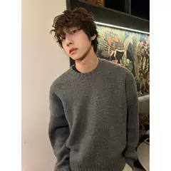 Dark Gray Crew Neck Sweater for Men, Autumn and Winter Style, Japanese Retro Pullover, Base Sweater, High-End Knitwear Jacket