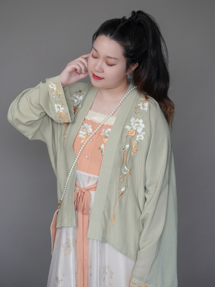 SUIQI 천연 귤 대형 HANFU 가슴 길이 서스펜더 스커트 여성 요소 프린트 데일리 드레스 카디건 여름