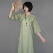 天丝提花倒大袖 原创大码 旗袍国风衬裙胖mm200斤 青竹 随淇自然
