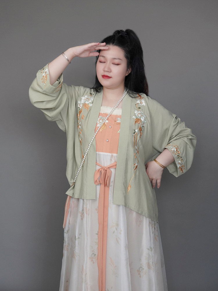 SUIQI 천연 귤 대형 HANFU 가슴 길이 서스펜더 스커트 여성 요소 프린트 데일리 드레스 카디건 여름