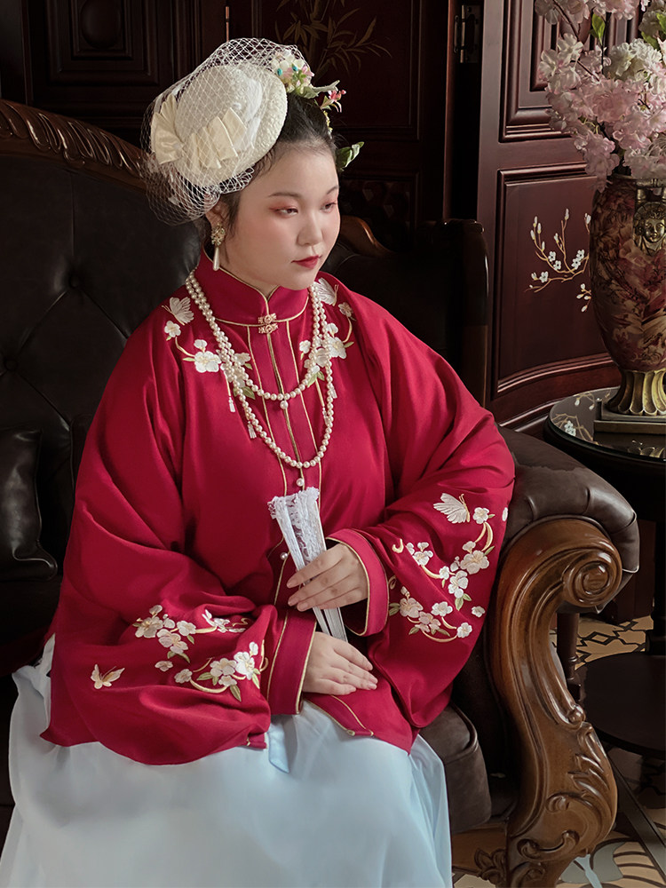 SUIQI NATURAL [가벼운 향기] 오리지널 대형 HANFU 여성 봄 가을 명나라 제작 스탠드 칼라 탑 블라우스 PIPA 슬리브 웨딩 의류