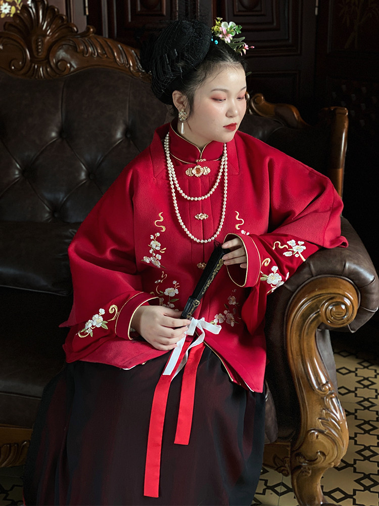 SUIQI NATURAL [가벼운 향기] 지방 MM 대형 명나라 스퀘어 넥 반소매 모직 탑 가을 겨울 오리지널 HANFU 여성