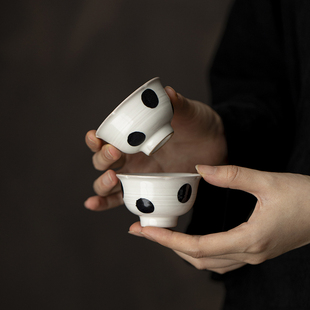 草木祠粉引波点粗陶茶杯主人杯花边品茗杯功夫茶杯闻香杯单杯日式