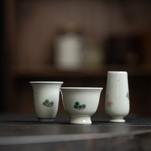 陶瓷手绘茶杯品茗杯岁寒三友闻香杯复古喝茶杯子功夫茶具 草木祠