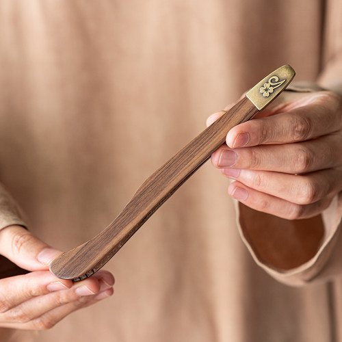 草木祠胡桃木茶夹高档实木防烫茶杯夹子防滑铜头木制功夫茶道配件