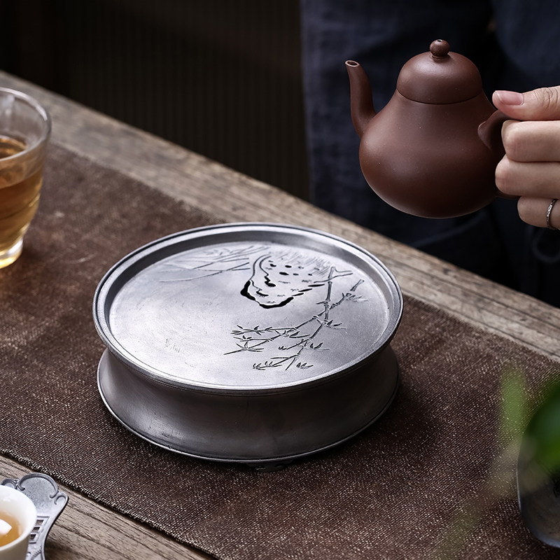 草木祠 圆形古锡壶承干泡台日式茶具办公室茶室会所泡茶盘小茶台