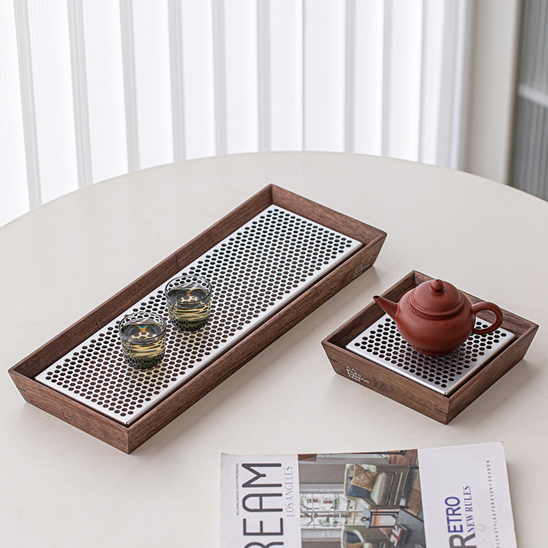 草木祠轻奢高级感胡桃木茶盘家用小型干湿两用盘可拆卸方形小茶台