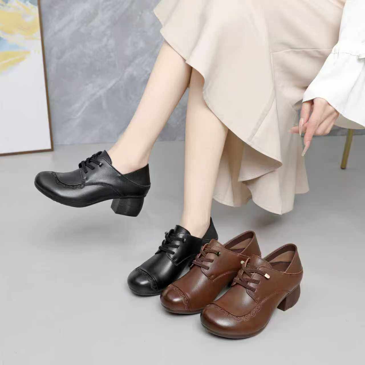 真皮乐福鞋英伦风女黑色交叉绑带低跟粗跟圆头复古单鞋洞洞女鞋