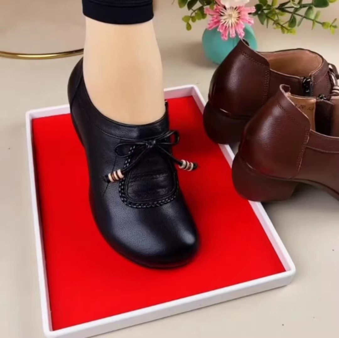 2026春秋真皮深口单鞋女休闲圆头粗跟软底复古交叉绑带中年妈妈鞋,女鞋,深口单鞋,淘宝优惠券,粉丝福利购,淘宝优惠卷