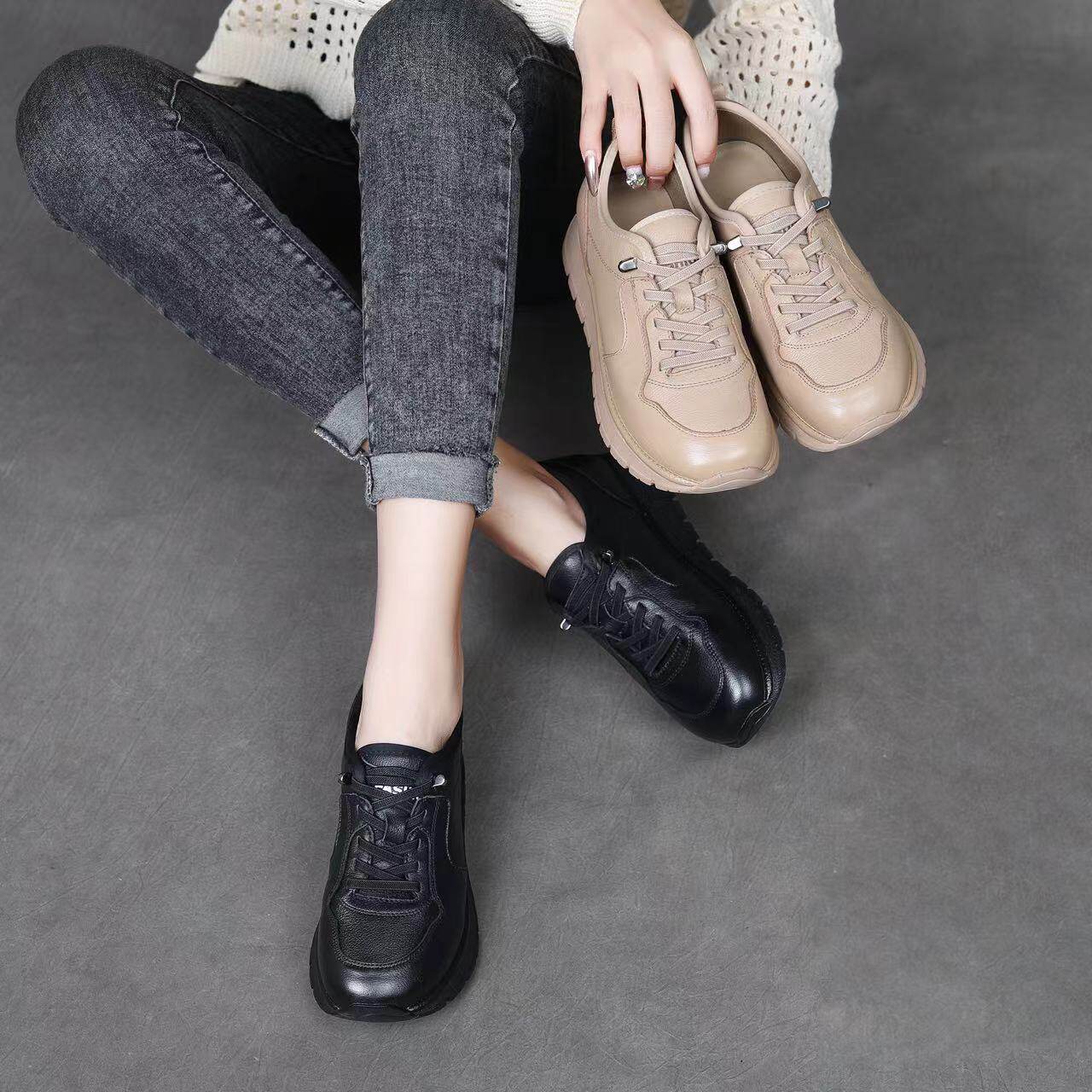 2026春夏新款头层牛皮纯色减震跑步鞋厚底运动休闲透气百搭旅游鞋