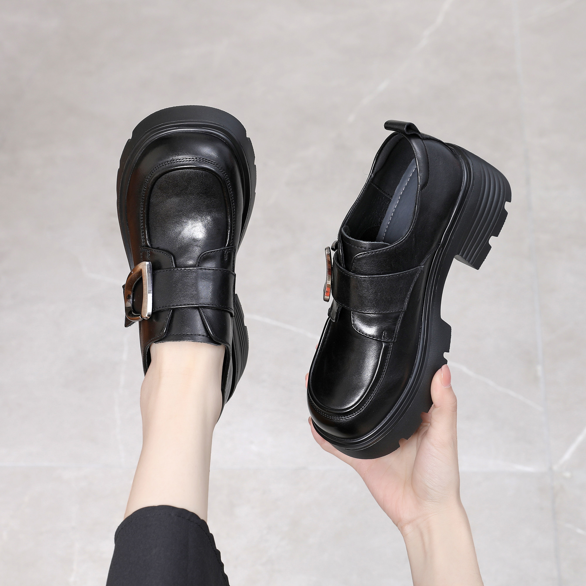 2026新款春季英伦松糕超火皮带扣乐福鞋真皮时髦单鞋一脚蹬小皮鞋,女鞋,乐福鞋（豆豆鞋）,淘宝优惠券,粉丝福利购,淘宝优惠卷