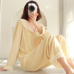 金丝绒睡衣女两件套新款 秋冬季 宫廷风蕾丝花边家居服两件套装
