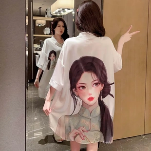 夏季 睡衣女甜美睡裙宽松可外穿家居服代发 新款 民国印花衬衫