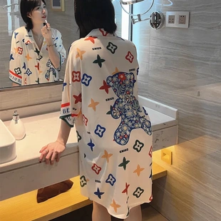 夏季 性感可外穿睡裙代发 樱桃小熊头睡衣女甜美公主风雪纺短袖 衬衫