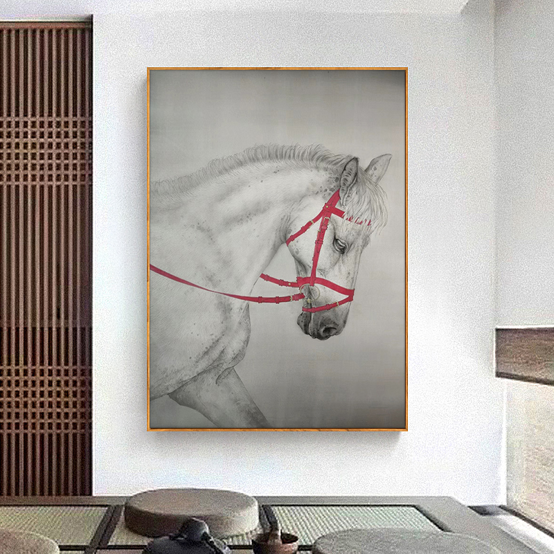 马到成功纯手绘油画白马客厅装饰画极简风格玄关楼梯写实动物挂画