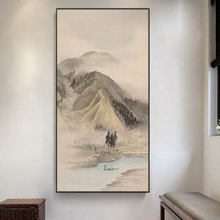 饰画手绘油画过道走廊尽头客厅禅意挂画 新中式 高山流水进门玄关装