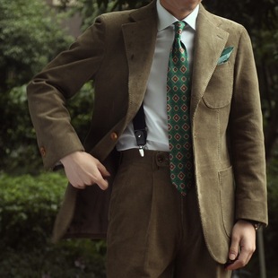 NHO2定制男士 修身 型西服手工条纹西装 整套商务外套 灯芯绒西服套装