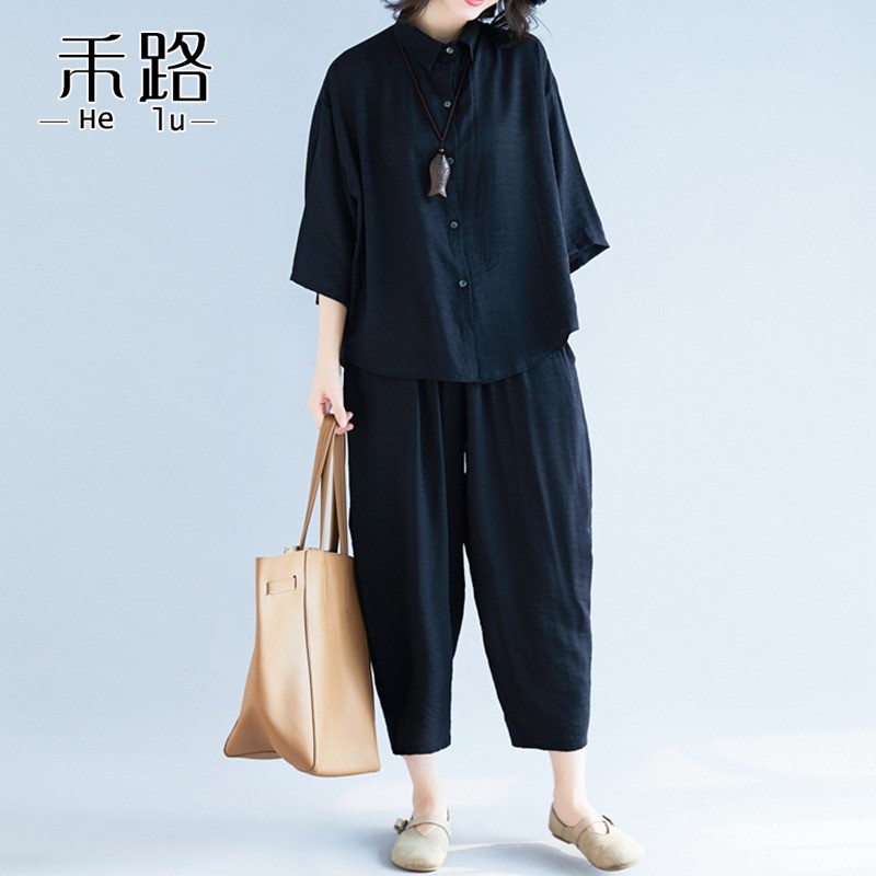 春夏装新款宽松大码女装休闲套装文艺复古单排扣衬衫+休闲哈伦裤