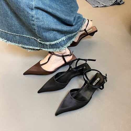 大码女鞋41一43法式粗跟包头凉鞋女夏外穿气质名媛配裙子尖头单鞋