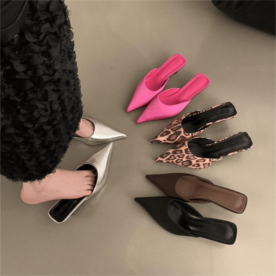 大码女鞋41一43名媛风性感尖头包头半拖鞋女异形中跟气质懒人凉拖