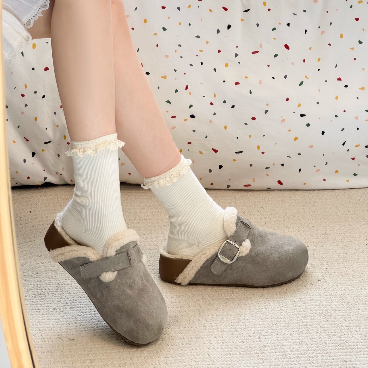 大码女鞋41到43胖脚宽肥复古加绒厚底毛毛拖鞋女外穿保暖勃肯棉拖