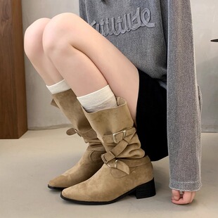 2026年新款大码女鞋41到43码加肥加宽粗跟百搭复古西部长筒骑士靴