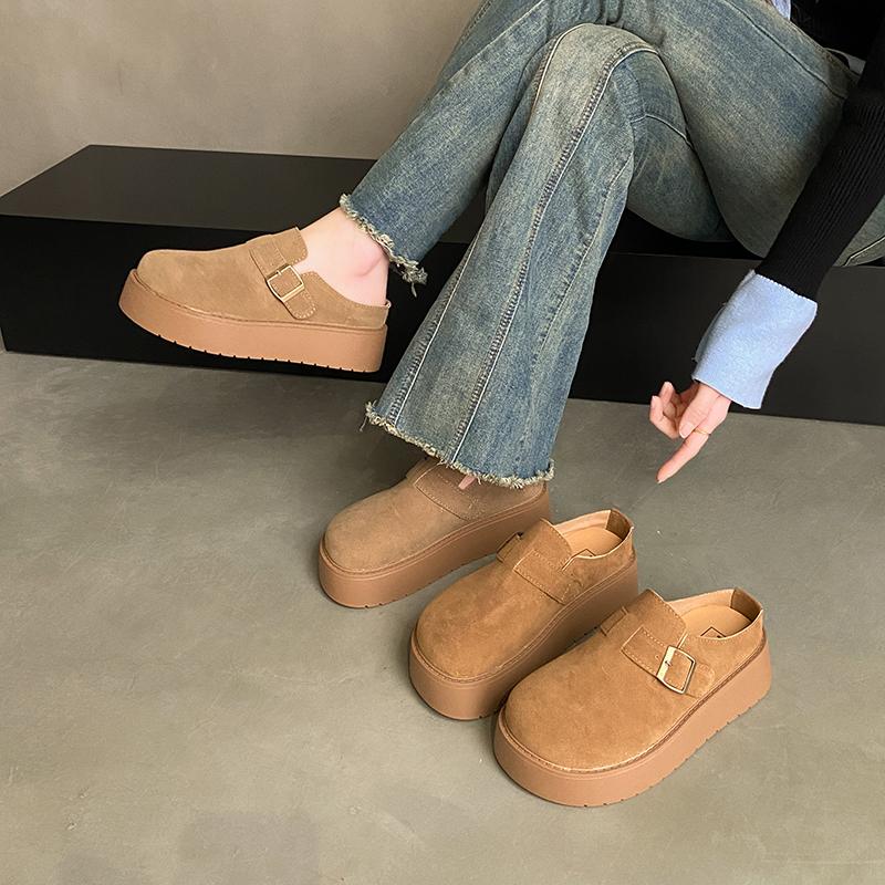 大码女鞋41一43胖脚宽肥松糕厚底勃肯鞋包头半拖鞋女一脚蹬懒人鞋