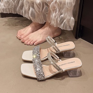 大码 女仙女风高跟凉拖 女鞋 41一43胖脚宽肥绝美水钻两穿一字带拖鞋