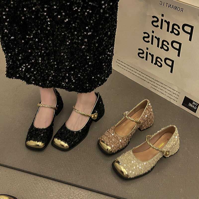 胖脚宽肥大码女鞋41一43亮片浅口玛丽珍鞋女粗跟方头气质百搭单鞋