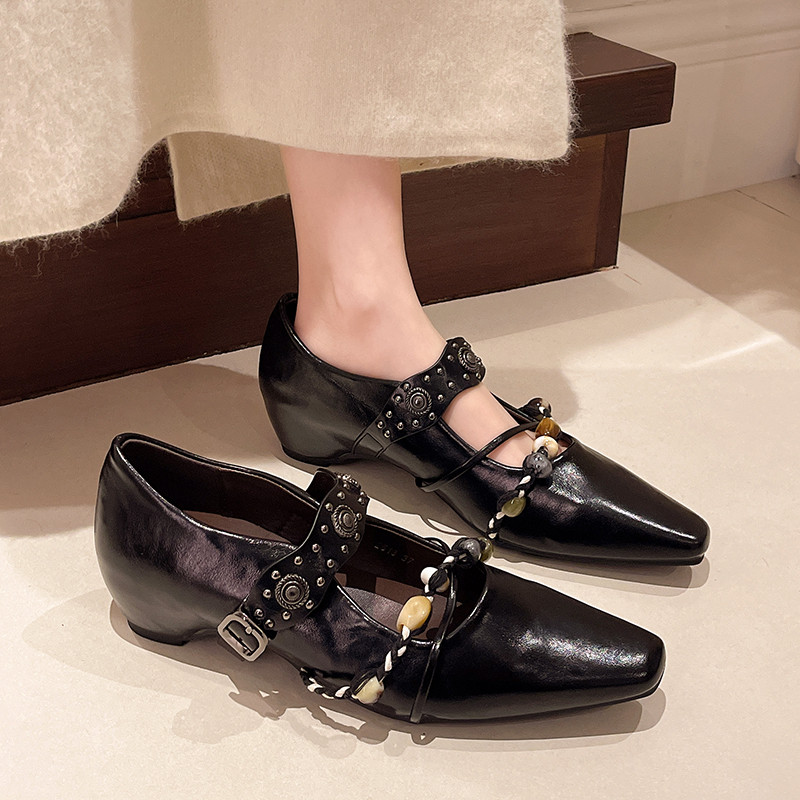 大码女鞋41到43胖脚宽肥内增高铆钉串珠方头玛丽珍鞋女粗高跟单鞋,女鞋,玛丽珍鞋,淘宝优惠券,粉丝福利购,淘宝优惠卷