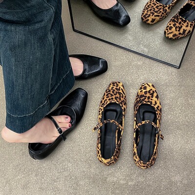 大码女鞋41一43胖脚宽肥复古方头浅口单鞋女豹纹一字扣带玛丽珍鞋