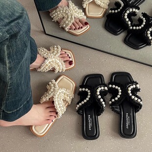 女外穿小香风平底防滑一字拖 41一43胖脚宽肥网红珍珠拖鞋 大码 女鞋