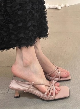 大码女鞋41一43胖脚宽肥法式绝美凉鞋女仙女风露趾方头细跟高跟鞋