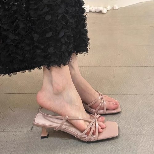 大码女鞋41一43胖脚宽肥法式绝美凉鞋女仙女风露趾方头细跟高跟鞋