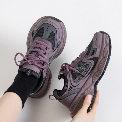 大码女鞋胖脚宽肥41到43紫色老爹鞋女厚底显脚小休闲百搭运动单鞋