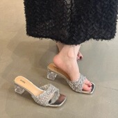 女鞋 41一43胖脚宽肥法式 透明水钻凉拖鞋 大码 女外穿水晶粗跟高跟鞋