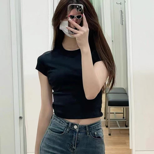 夏季女士辣妹风高弹力短款修身版型显瘦显高高腰打底圆领短袖T恤