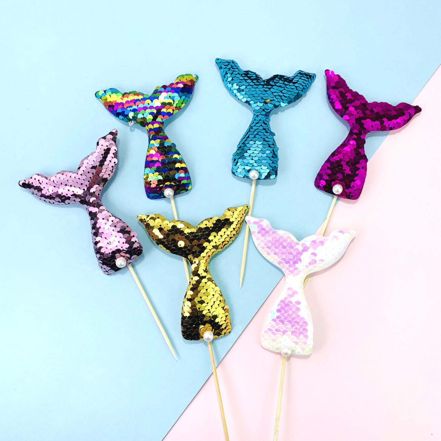 烘焙蛋糕装饰插件亮片鱼尾巴装饰插牌海洋主题闪耀美人鱼尾巴摆件