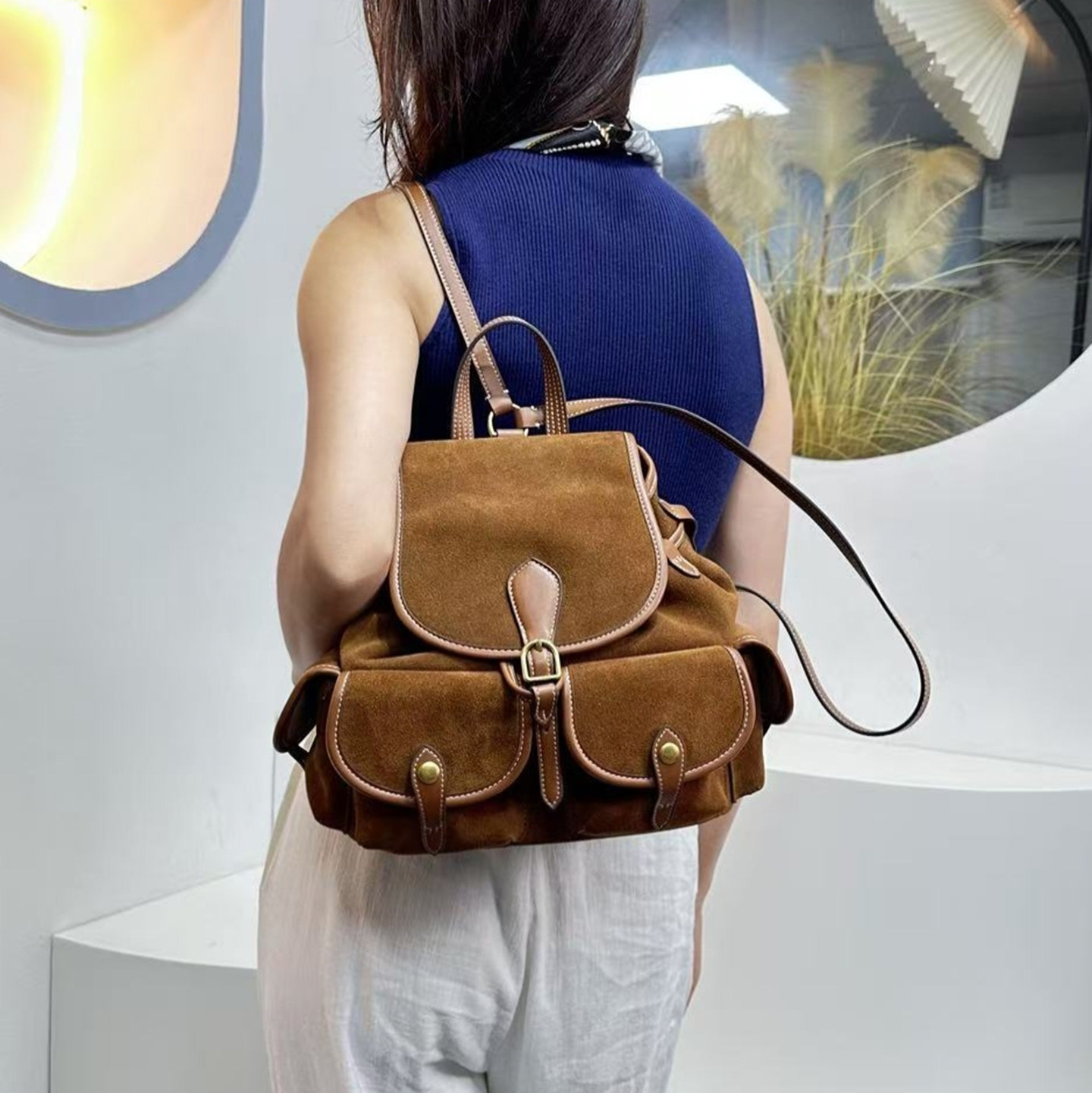 Polo麂皮新款牛皮大容量背包复古百搭通勤Bellport绒面双肩包