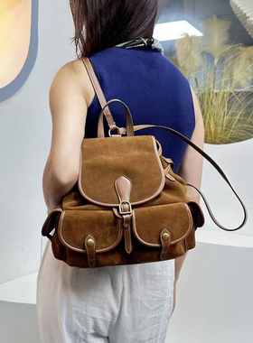 Polo麂皮新款牛皮大容量背包复古百搭通勤Bellport绒面双肩包