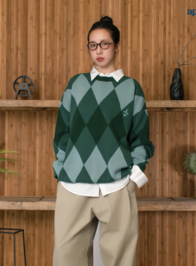 APOGE3阿保机 菱形格圆领毛衣男冬季潮牌宽松格子针织衫刺绣情侣